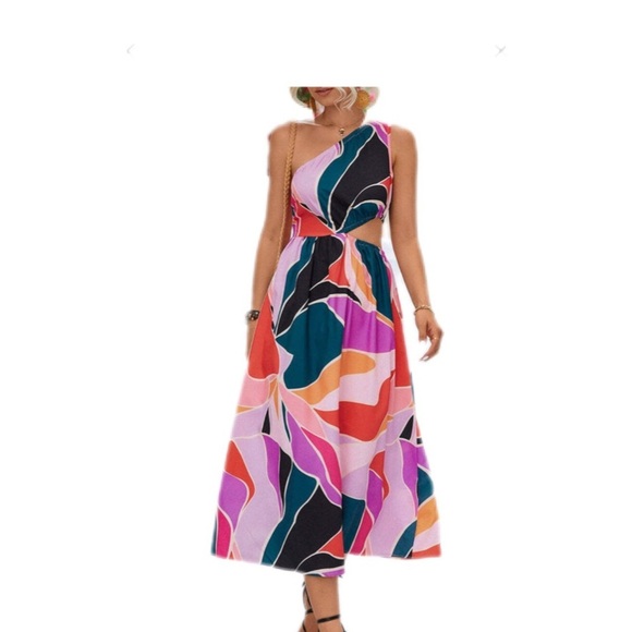 Anna-Kaci Multicolor Abstract Side Cut Out‎ Colorful One-Shoulder Maxi Dress XL - Picture 1 of 13